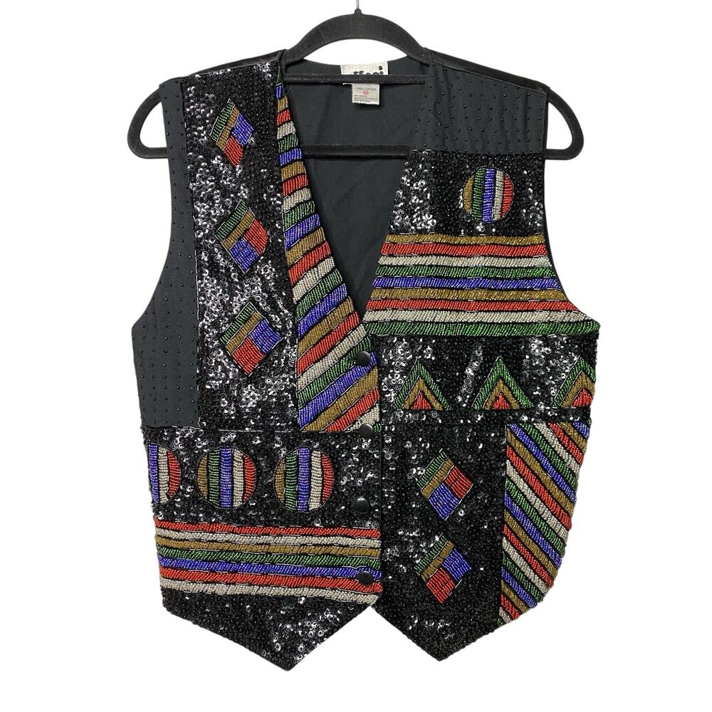 Effeci Black Sequin Beaded Vest Women's Medium Geometric Colorful Sequins 90s